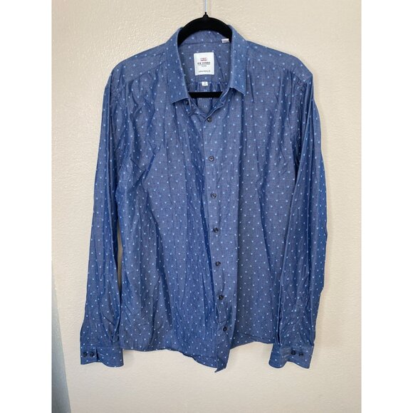 Ben Sherman Mens Tailored Skinny Fit Blue Polka Dot Long Sleeve Button-Up Shirt - Picture 2 of 7